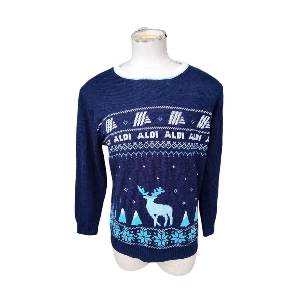 Aldi Gear Sweater Men's Medium Blue Knit Aldi Stores Reindeer Christmas Sweater